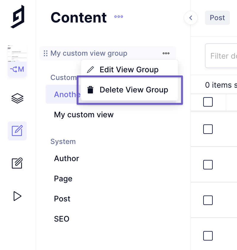 Delete a custom view group